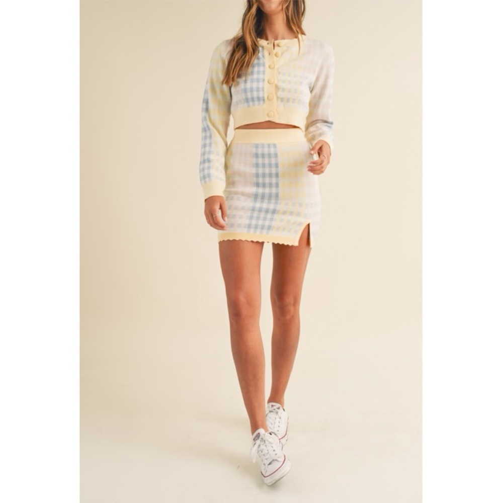 MABLE Soft Spring Pastels Color Block Checker Scalloped Skirt & Cardi Set - Picture 3 of 11